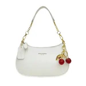 Cute Shoulder Bag with Bag Charms, Fashionable Classic Letter Patterns Pearl Cherry Pendant Decoration Design Solid Color PU Waterproof Fabric Beach Vacation Bag Women's Wallet Handbag Crossbody Bag Crescent Bag Armpit Bag Summer Crescent Bag
