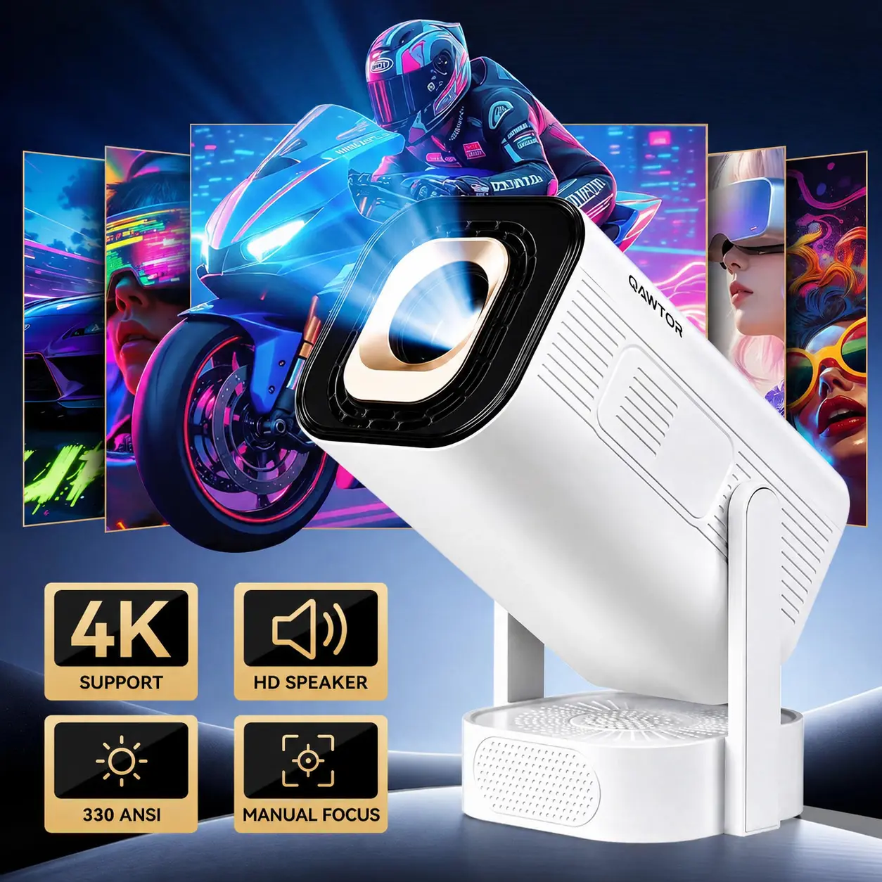 Qawtor Portable Native Projector with 4K Support,  WiFi 6 & Bluetooth 5.0 – Mini Home Theater Movie Projector with Built-In Speaker & Wireless iOS/Android Screen Mirroring