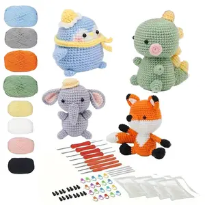 Crochet Kit For Beginners, Crochet Set, Cute Animal Amigurumi 4 Patterns Including Crochet Hook, Yarn Balls, Instructions, Needles, Accessories, Starter For Beginners, Penguin, Dinosauria, Fox, Elephant