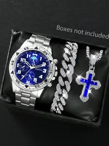 Men's Quartz Watch Set with Multifunctional Watch, Water Drill Analog Display, Calendar & Cuban Chain Bracelet, Cross Pendant Necklace, Business Party Gift