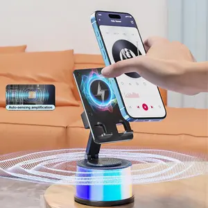 Wireless Induction Audio Bluetooth Speaker 5in1 Cellphone Holder USB Emergency Rechargeable (5000mAh) Portable Power Mobile Tablet Stand with Colorful Ambient Light Gifts for Friend, Family