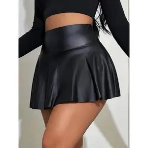 [Stylish Leather Skort] Stylish High-Waisted PU Leather Skort - Women's A-Line Mini Skirt with Glossy Finish, Machine Washable, Perfect for Casual or Chic Outfits