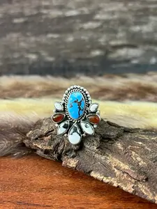 Handmade Sterling Silver Canyon Sunset Collection: Golden Hills Turquoise with White Buffalo and Carnelian Adjustable Ring "Signed Nizhoni"