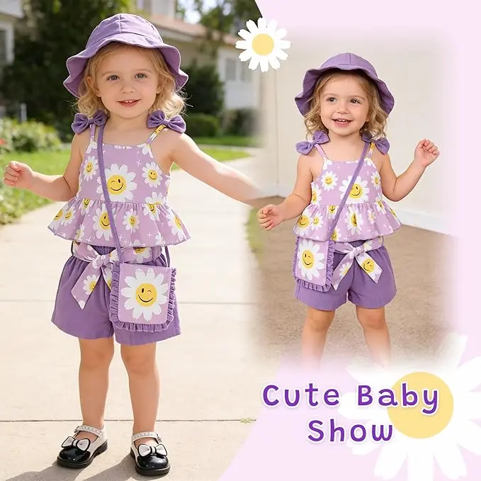 Younger Tree Toddler Girls' 4-Piece Polycotton Outfit Set - Square Neck Ruffle Top, Shorts, Hat, Machine Washable Bag, Floral Design for Infant (12-18 Months), 3-4T Casual Fashion