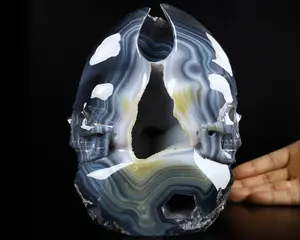 6.7" Agate Geode Carved Crystal Double Skulls, Crystal Healing