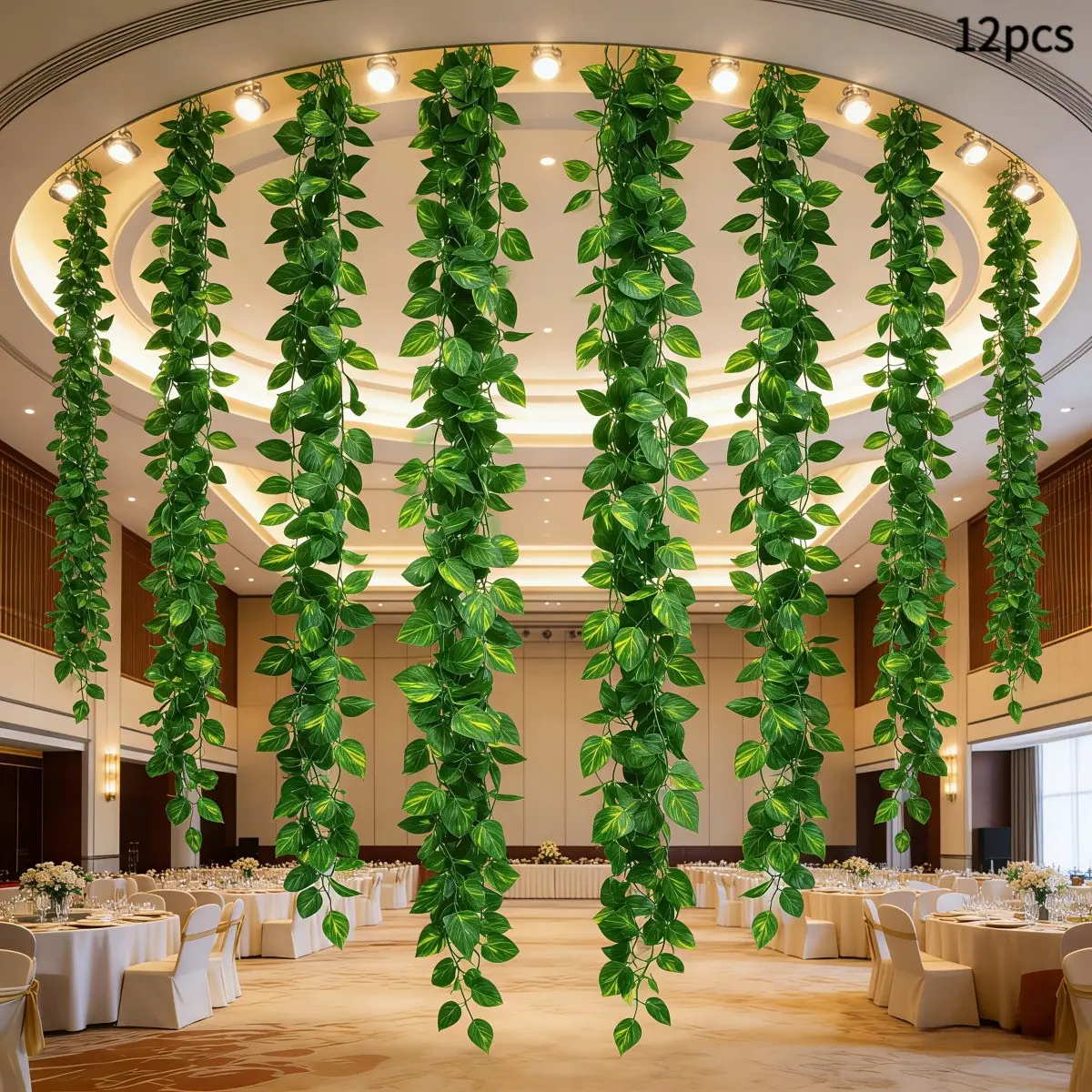 12Pcs Artificial Ivy Garland, Fake Vines Green Leaves, Hanging Faux Ivy Plants for Wedding Arch Wall Home Garden Party Staircase Fireplace Ceiling Decor, Indoor Outdoor Artificial Hanging Plants