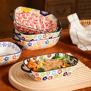 Party 730ML Polish Ceramic Rectangular Baking Casserole Dish with Handles, Hand Painted Floral Design, Versatile Plate for Salad Rice Cheese, Bakeware