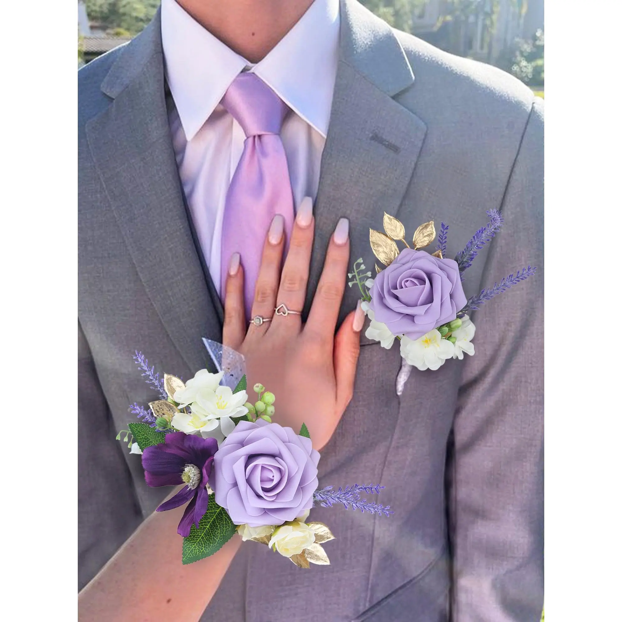 Rinlong 2-Piece Silk Floral Corsage and Boutonniere Set - Purple Flowers, Compact, Thoughtful Craft for Wedding Festive Party Supplies, Two Piece Set