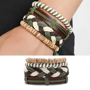 Bohemian Inspired Men's Bracelet Multi layer Wristband with Hand Woven Leather