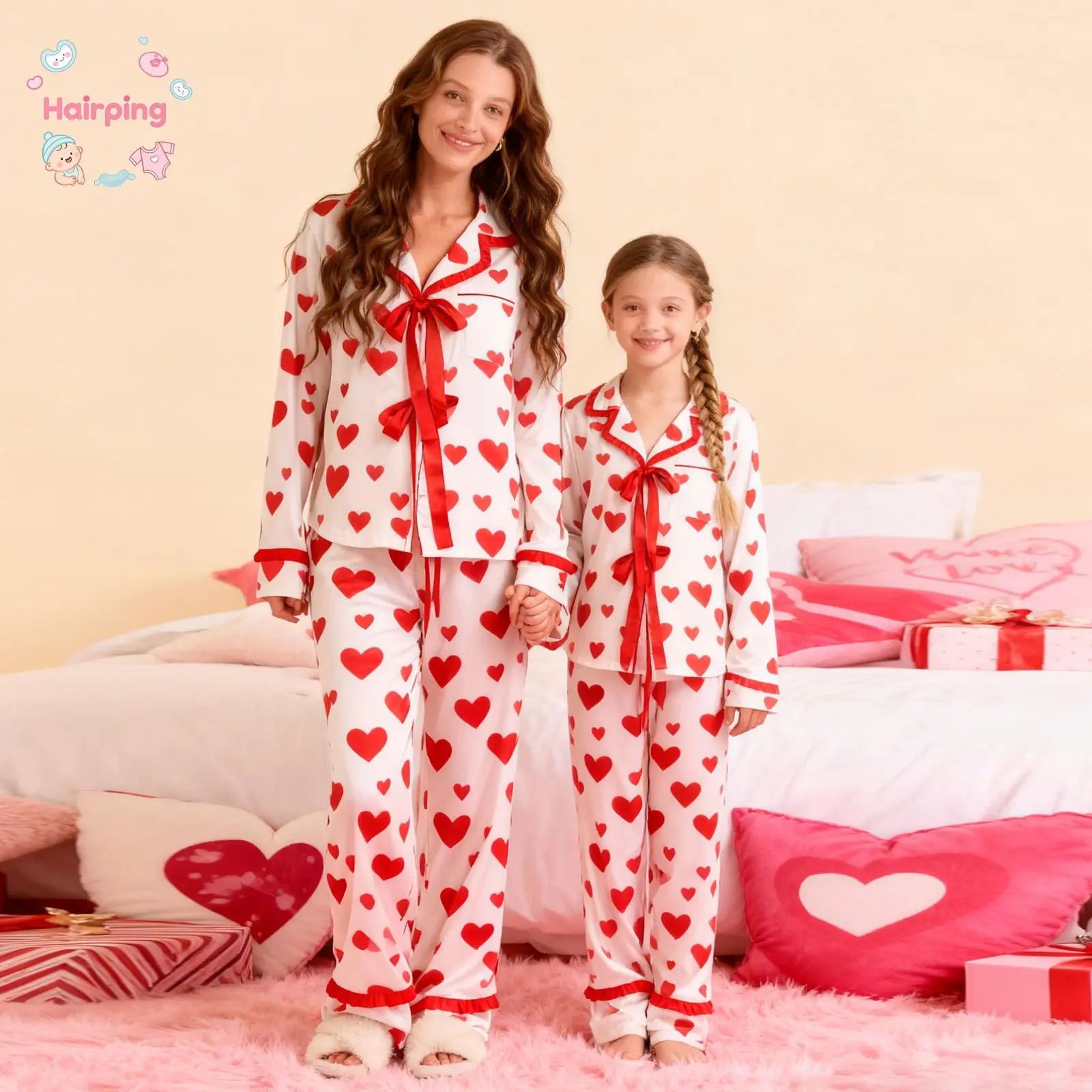 Mommy & Daughter Valentine's Matching 2-Piece Sleepwear Sets, Polyester Clothes with Longsleeves, Cute Heart Print, Bow Tie Bow Tops & Pants (Baby & Maternity Gift Set), Matching Outfits