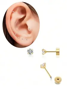 2 Pairs 14K Gold Plated Solid Tiny Cubic Zirconia Stud Earrings, 2mm 3mm 4mm Flat Back Stud Earrings Cartilage Earring Helix Piercing Jewelry Earlobe Piercing Jewelry Gift For Women Girls
