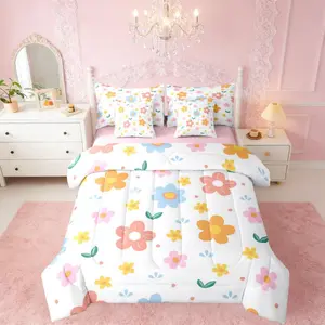 7 Piece Cute Flower Comforter Bed Set with Sheets,Pink Floral Bedding Set,Boys Sweet Girls Botanical Bed Bag,Colorful Flowers Bed Set