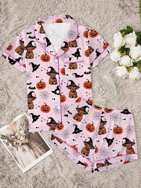 Spooky Bat Pajama Set, Women's Halloween Sleepwear, Cute Animal Print Two Piece Lounge Outfit