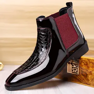 DINAOR Men's Colorblock Patent Leather Boots Stretch Sock Men's Business Casual Short Boots