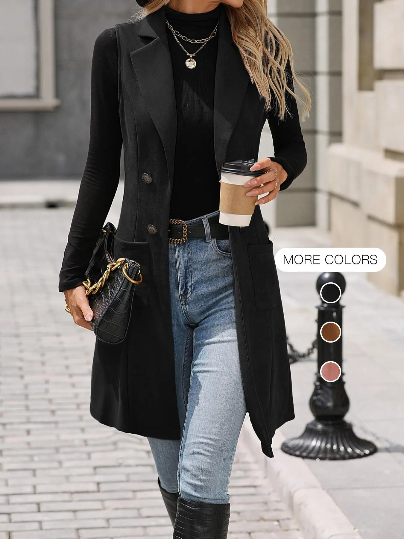 Women's Solid Button Decor Lapel Neck Suede Vest Blazer, Womenswear Style Chic Elegant Casual Sleeveless Pocket Open Front Longline Outerwear for Spring & Fall, Ladies Clothes for Daily Wear