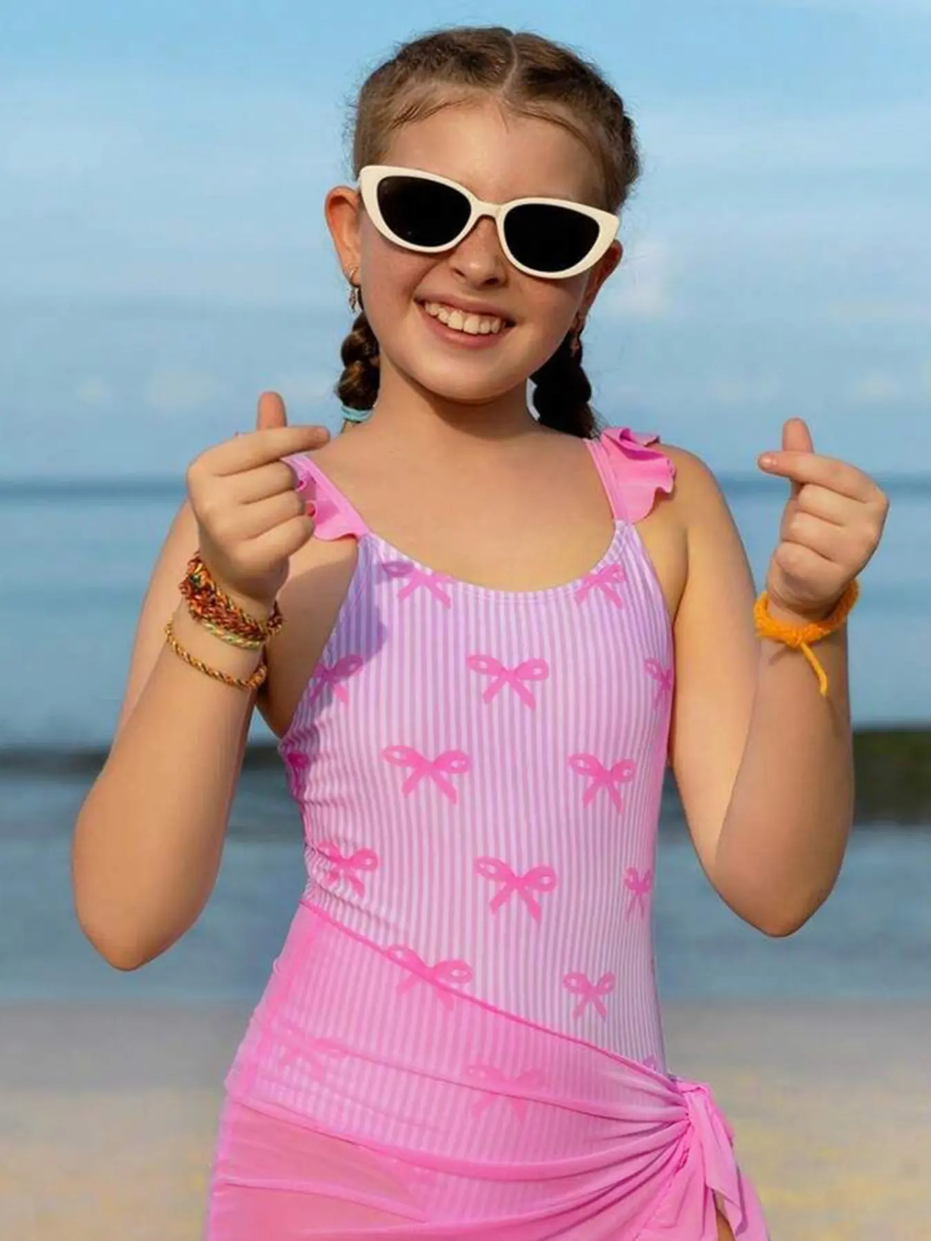 New Bowknot Printed Halter One-Piece Swimsuit, European Style Big Girls Swimwear, Sleeveless Two-Piece Beach Swimming Suit, Summer Swimwear, Tween Swimsuits