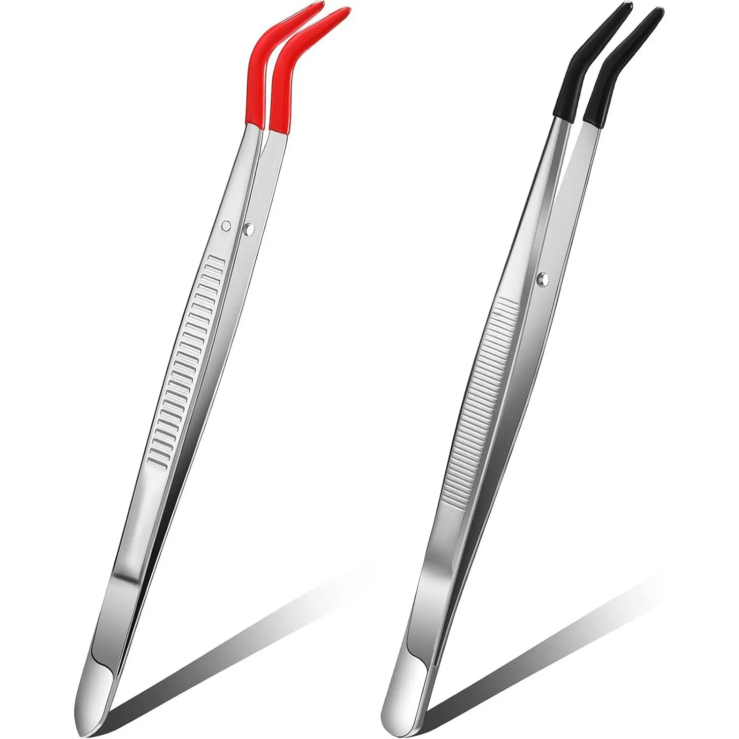 Industrial Tweezers Set, 2 Pieces 6 in Stainless Steel Curved Bent Tip Tools with Rubber Silicone Clip Chips, PVC-Coated Scratch-Reducing Clips, Soft Grip Non-Slip Design for Jewelry Handicrafts (Red, Black)