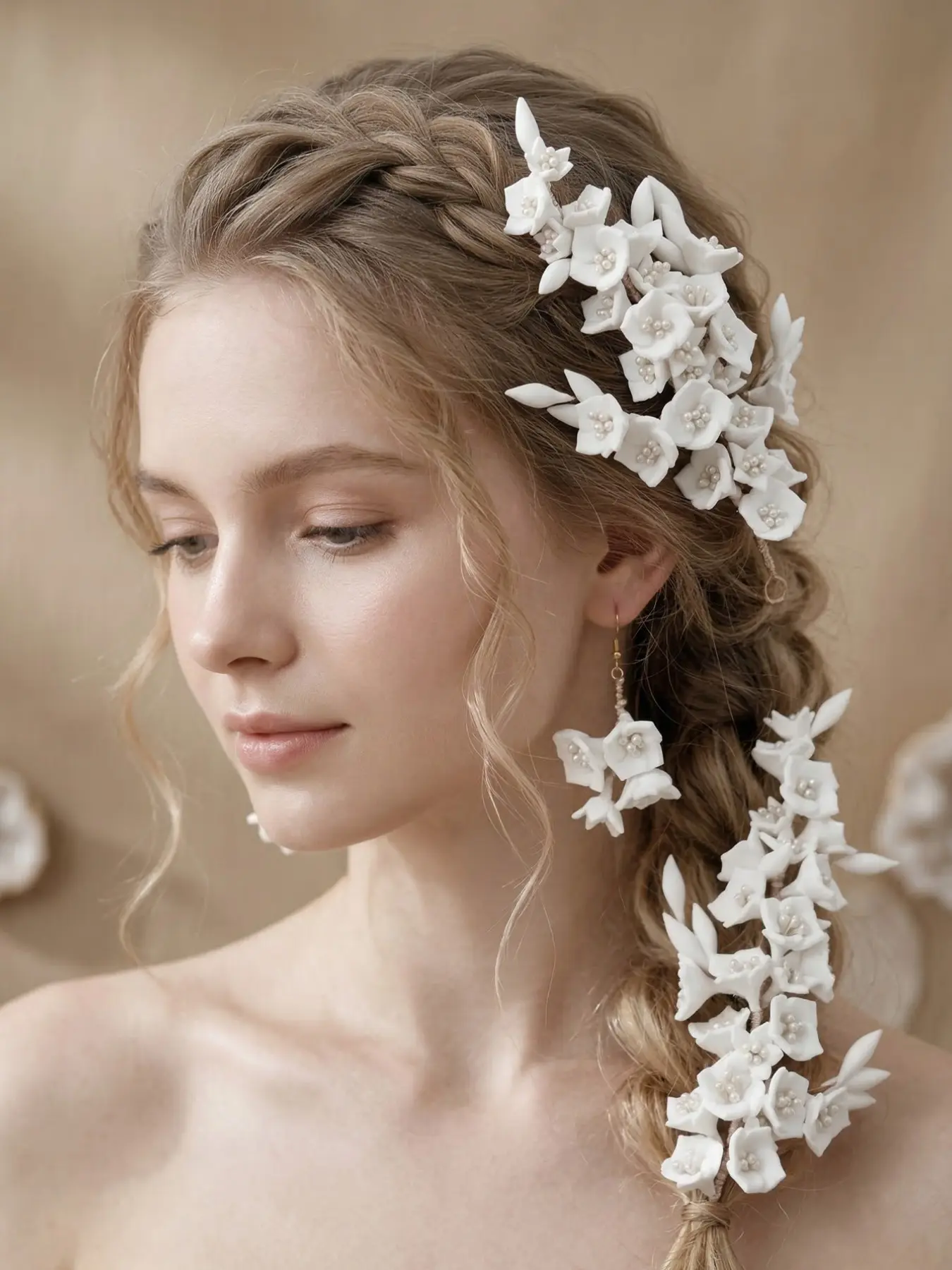 Elegant Handmade Soft Clay Flower Pearl Hair Sticks Earrings Set, Wedding Bridal Accessories for Photography, 4 Piece Forest Style Jewelry
