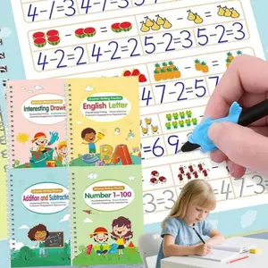 (Four books without a pen)Grooved Writing Books for Kids Age 3-5 6-8, 4 Pack Magic Grooved Writing Practice Copybooks,Workbooks Number Letter Tracing for Kids