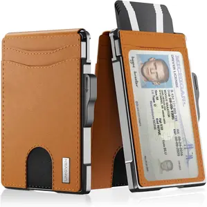 Umoven Men's Slim Leather Wallet with RFID Blocking, Bifold Design, Metal Pop-Up Card Holder, Money Clip, Credit Card Slots - Brown