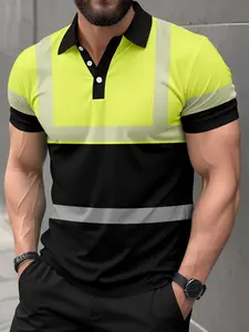 Men's Fluorescent Colorblock Polo Shirt, Outdoor Workwear Summer Casual Top, Fitted Short Sleeve T-Shirt, Fashionable & Comfortable