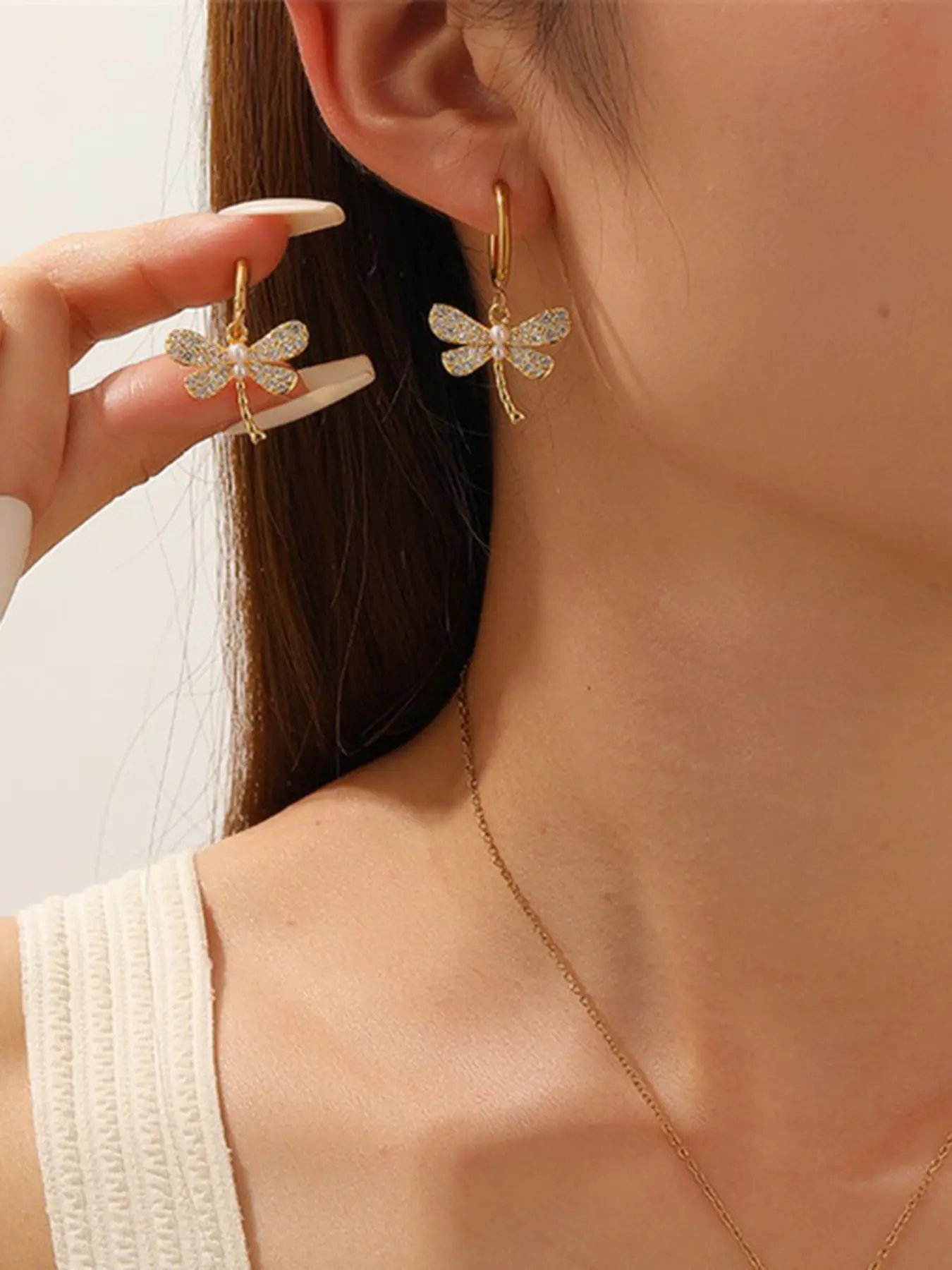 1Pair Stainless Steel Gold Color Exquisite Dragonfly Pearl Drop Earrings For Women Charm Ear Dangle Jewelry Party Gift