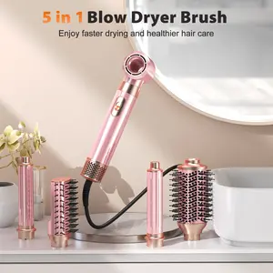 SNUGLUV-5 in 1 Blow Dryer Brush Set, Upgrade Hair Dryer & Blow Dryer Brush & Air Curling Wrap & Paddle Brush, Detachable Hot Air Brush Styling Tools, High Speed Travel Hair Volumizer Straightener Curler Pink