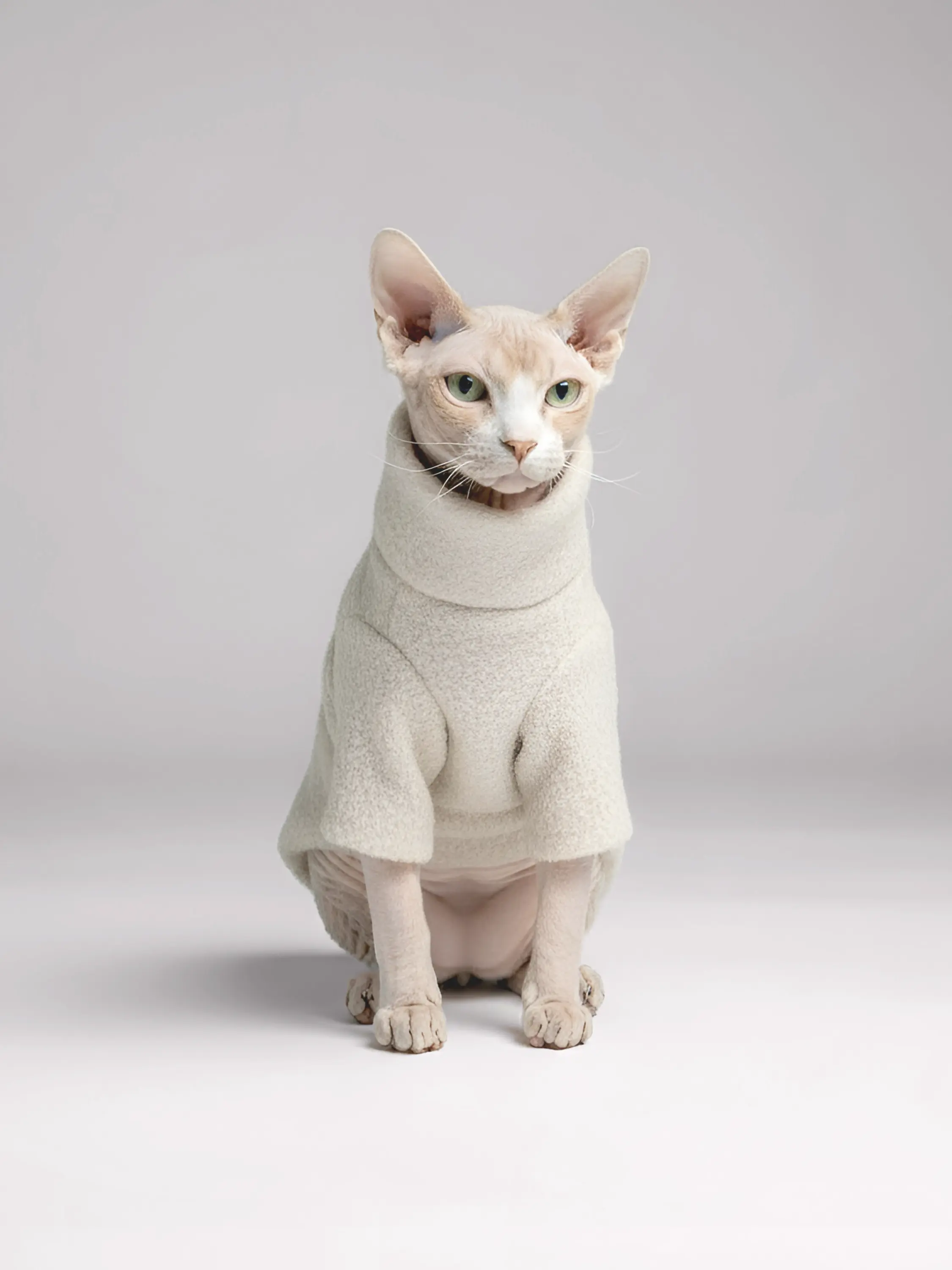 Handmade Ivory Bouclé Fleece Sweater | Sphynx Cat Turtleneck