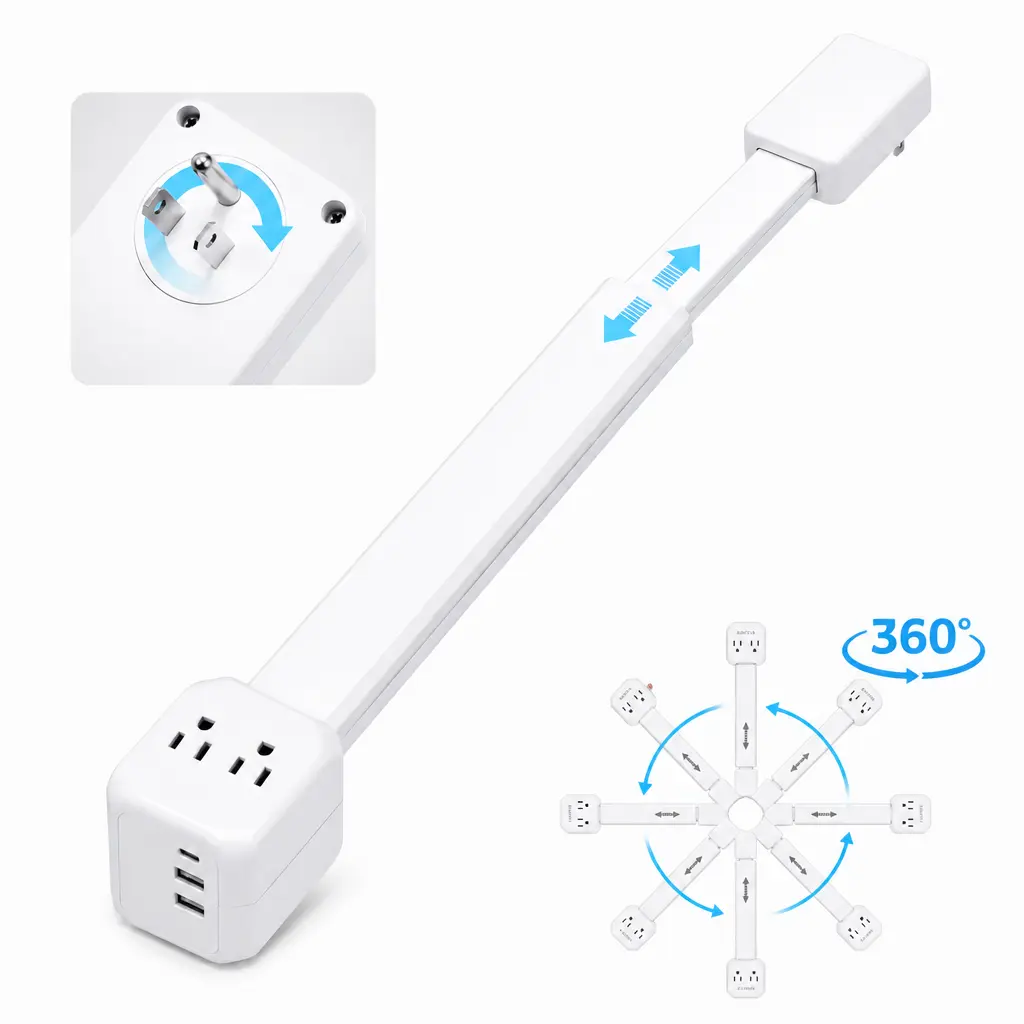 XURATTIX  Electrical Outlet Extender Stick, 360° Rotating Wall Outlet - Features 2 USB-A, 1 USB-C, and 2 AC Outlets, Extends 17"-26", Access Hard-to-Reach Outlets, Use Behind Sofa, Nightstands, Desks, and More