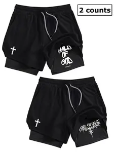2 Piece Set Cross Letter Print Men's Regular Fit Multi Pocket Double Layer Shorts, Summer Quick Dry Breathable Sports Workout Shorts, Sporty Aesthetic, Stretch Shorts, Breathable Printed Shorts, Active Athletic Shorts, Fitness Training Shorts