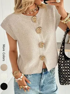 Women's Round Neck Button Front Cardigan, Stylish Knit Top, Spring & Summer Casual Loose Fit Solid Color Daily Wear, Women's Summer Top Knitwear