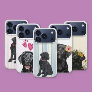 Cute Black Labrador Phone Case, Kawaii Retriever Dog Cover, Playful Stripes Animal Aesthetic Protective Design Case