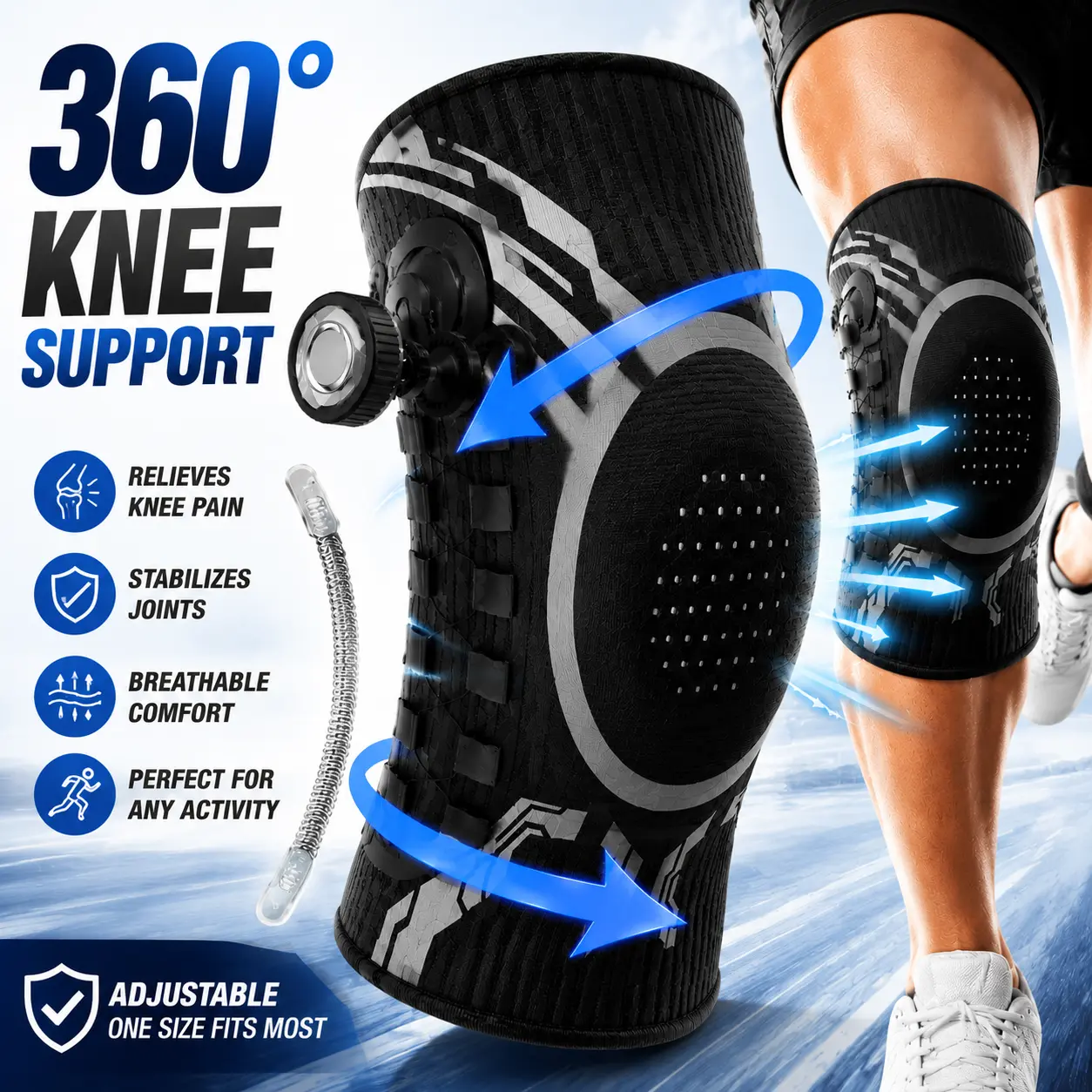 DIYCOM Breathable Compression Knee Brace with Side Stabilizers & Shock Absorption Pad – Adjustable Knee Support for Running, Gym, Basketball & Joint Pain Relief