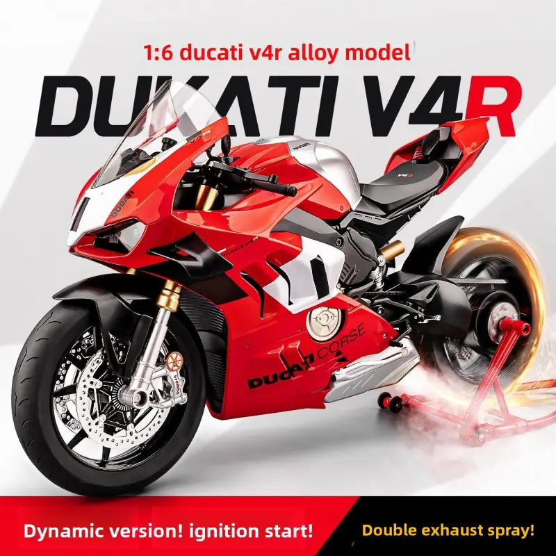 1:6 Ducati V4R electric motorcycle model, capable of starting, with flashing lights, chain-driven, rear wheel rotation, supports adding fuel to the fuel tank. It is an excellent choice for collection and gift giving.