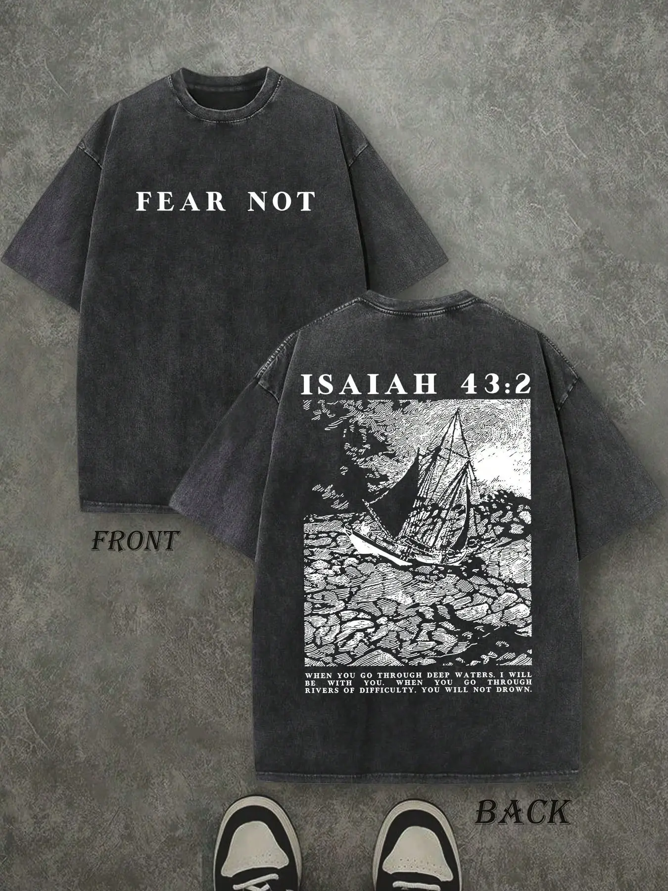 Vintage Fear Not Isaiah 43:2 Storm Ship Sketch Christian T-Shirt, Washed Black Cotton Oversized Short Sleeve Tee, Front Back Print Bible Verse Faith Casual Crewneck Shirt