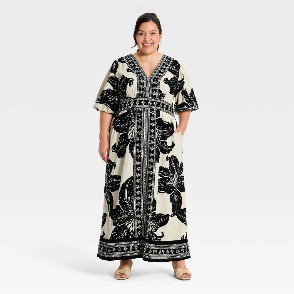 Women's Puff Short Sleeve Maxi Dress - Ava & Viv, Pullover, Puff Sleeve