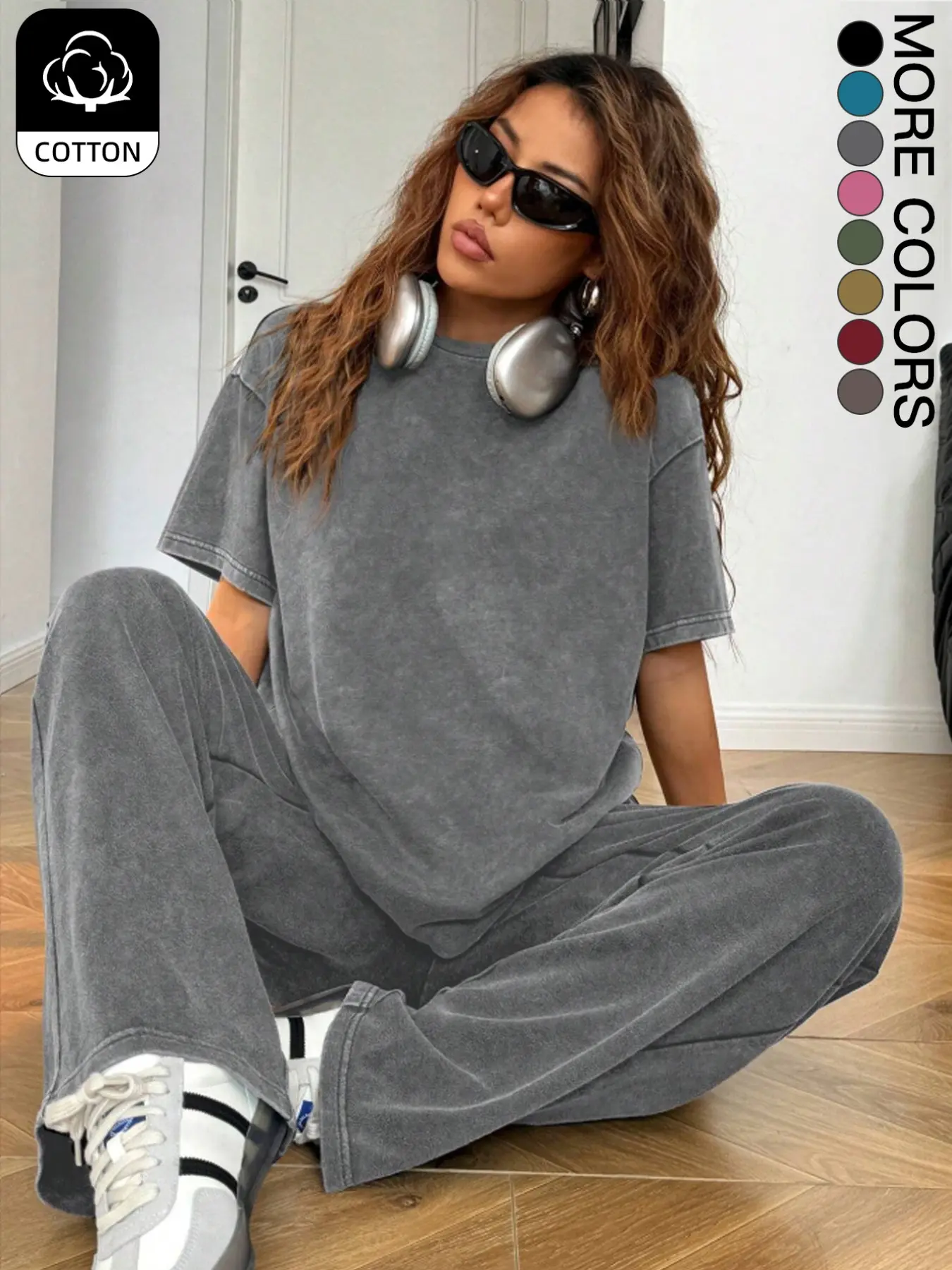 Women's Casual Acid-Wash Vintage Street-Style Cotton Two-Piece Set, Loose-Fit Round-Neck Short-Sleeve T-Shirt and Wide-Leg Pants
