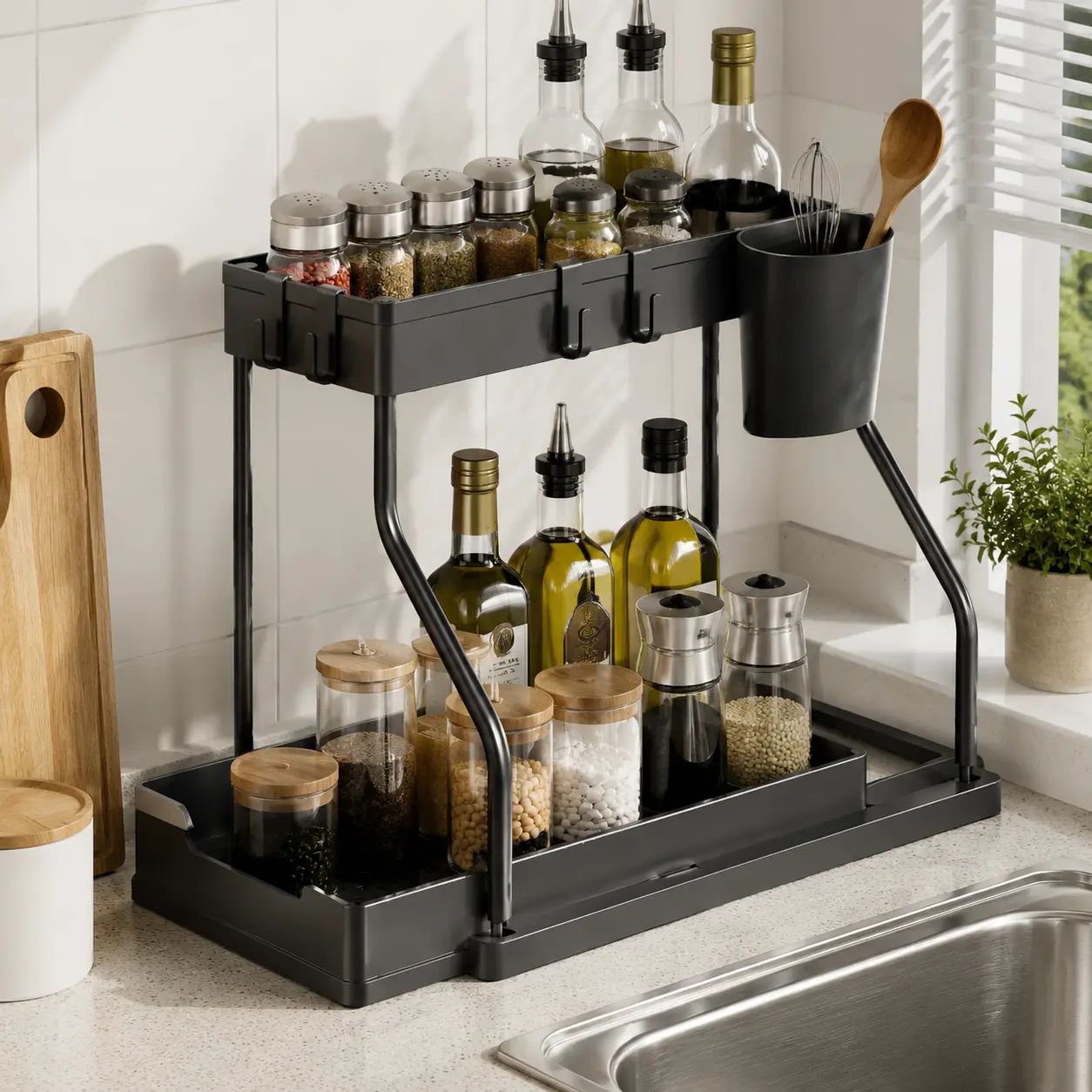 Kitchen Under Sink Organizer Rack – Double Layer Storage Shelf, Space-Saving Cabinet Rack for Cleaning Supplies, Spices, Bottles & Utensils, Easy Assembly, Durable and Adjustable