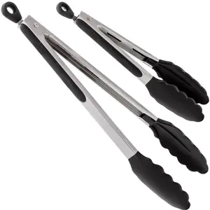 Gorilla Grip Stainless Steel Heat Resistant Kitchen Tongs for Cooking, Set of 2 BBQ Tong, Non Scratch Silicone Tip for Pans, Strong Grip, Grab Food, Toss Salad, Air Fryer, Pull Lock