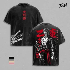 Zoro Three Sword Style Oversize Washed T Shirt, One Piece Anime Manga Graphic Tee, Double Printed Back Print, Heavyweight Cotton Unisex Streetwear, Vintage Samurai Gift