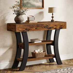LITTLE TREE 41" Small Console Table for Entryway, 3-Tier Rustic Sofa Table with Storage Shelves and Curved Frame for Living Room, Entry, Hallway, Foyer