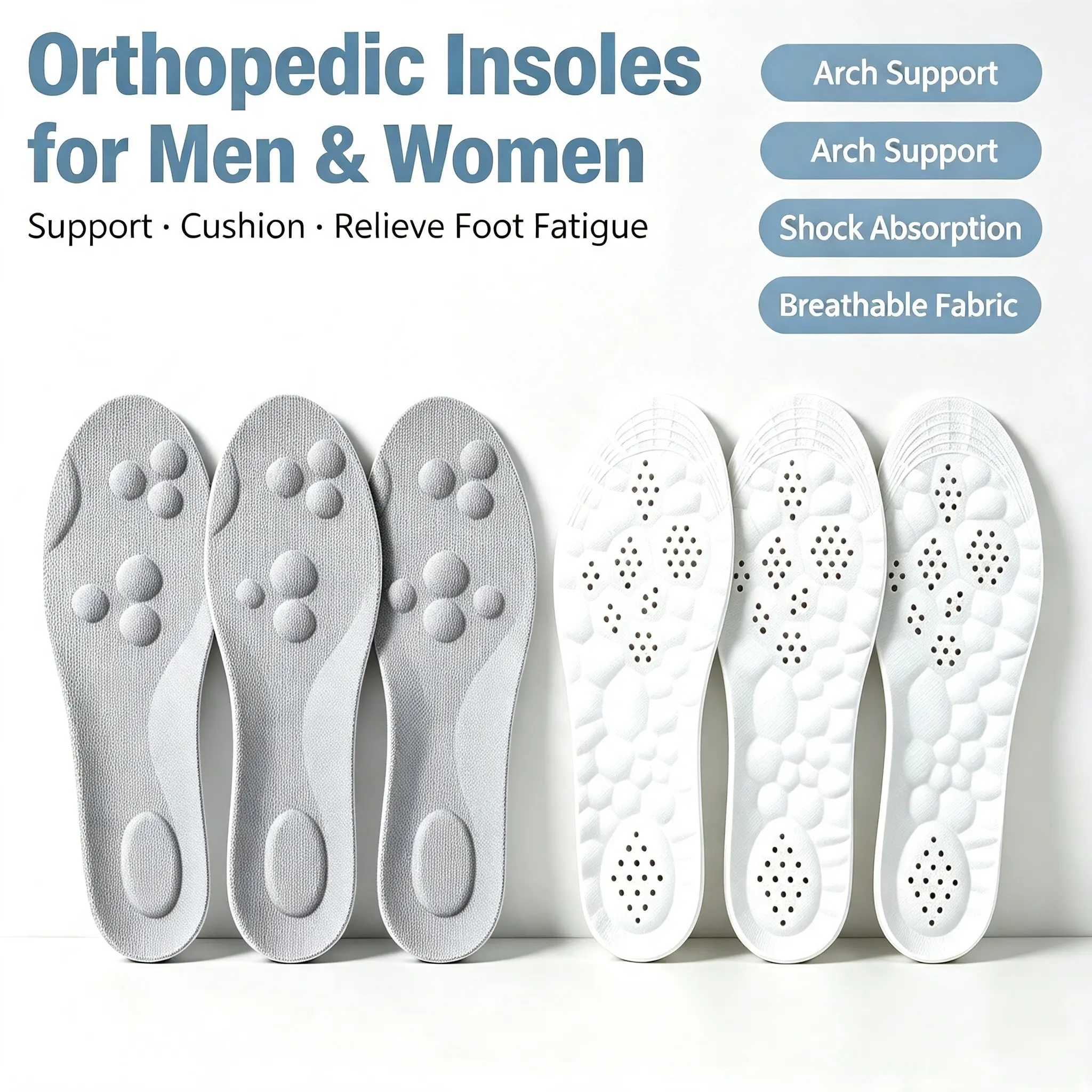 Orthopedic Insoles for Men & Women Arch Support Cushion Shock Absorption Breathable Fabric Relieve Foot Fatigue
