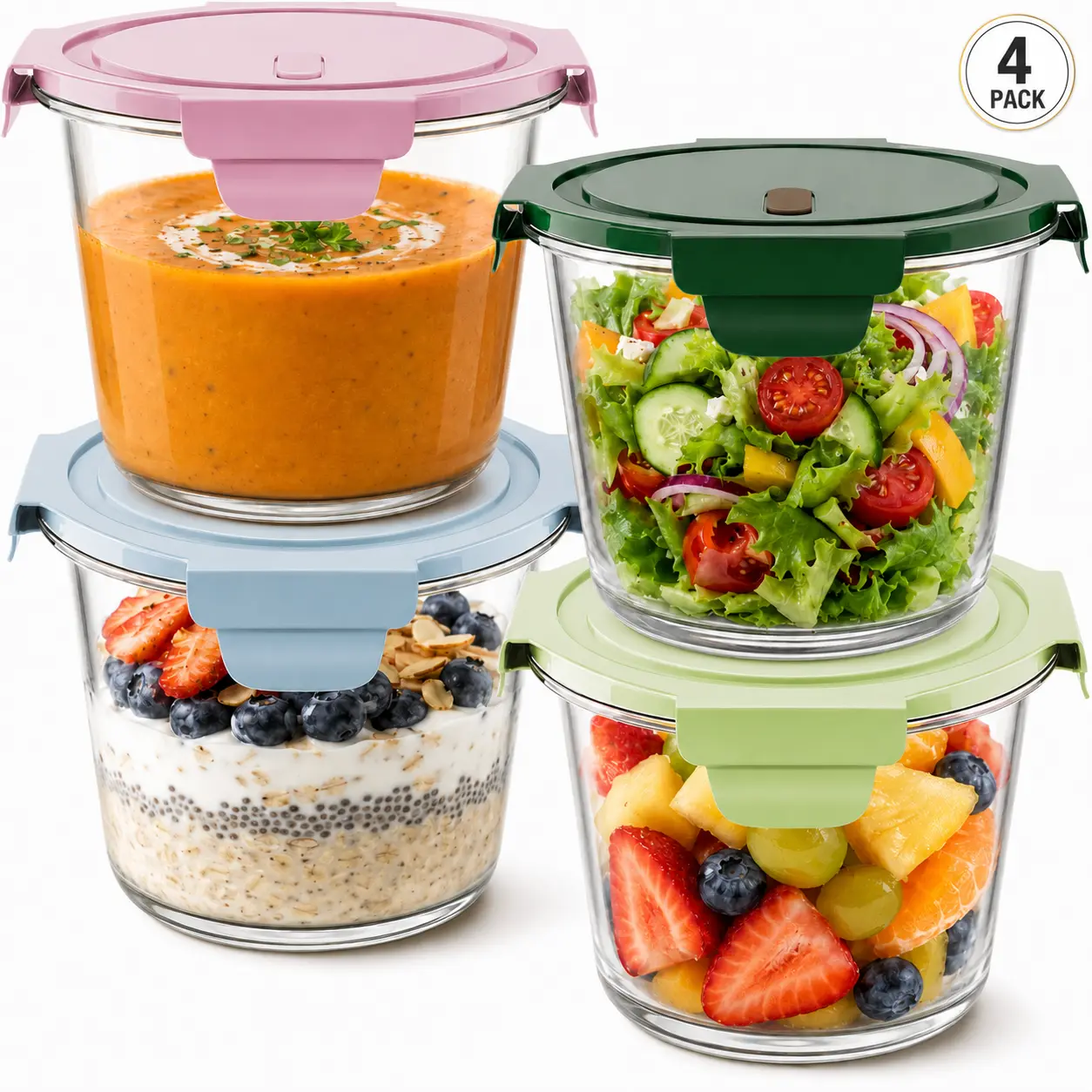 8 PCS Glass Meal Prep Containers with Lids, Airtight 3-Cup Glass Storage Containers Set, Heat-Resistant BPA-Free for Soup Leftover, Vegetable,Fruit,Microwave, Dishwasher, and Freezer Safe (4 Packs Mixed colors)