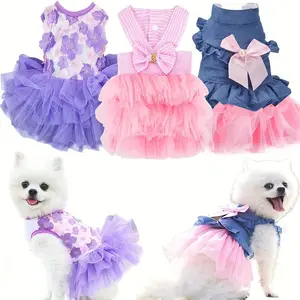 3 Pack Small Dog Dresses for Girls - Summer Breathable Puppy Clothes, Cute Cat Skirt, Pup Tutu, Pink Yorkie Clothing for French Bulldog and Chihuahua - Woven Polyester Pullover with Snap Button