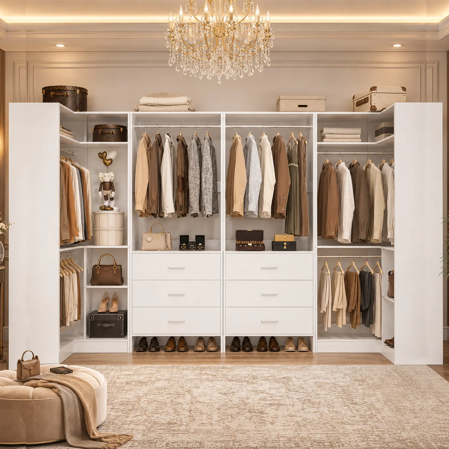 Cyclysio 112.5" U-Shaped Closet Organizer, Reversible Modular Freestanding Corner Walk-in Closet System Wardrobe with 6 Wood Drawers & 6 Hanging Rods, Heavy Duty space-saving Custom Closet cabinet tower storage organization Set