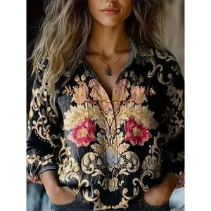 1pc Women's Bohemian Print Long Sleeve Shirt, Casual Polyester Blend with Elastane, All-Season Lapel Collar Button-Up Top polo shirts women Fit Blouse