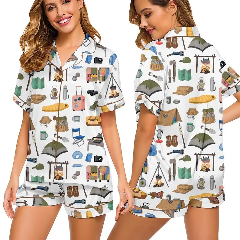 Unwind Studio Camping Pajama Set for Women Outdoor Adventure Print Button Up Sleepwear 100% Polyester Herringbone Satin Lightweight & Breathable Loungewear - Fit