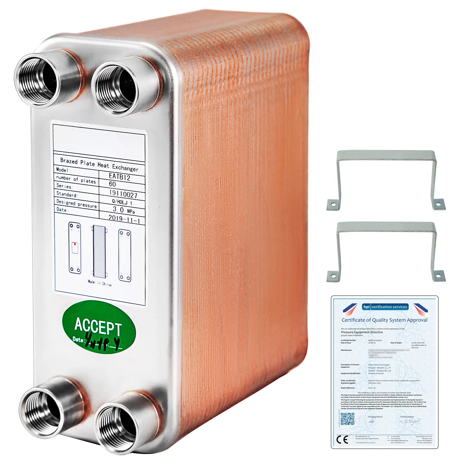 VEVOR Heat Exchanger 3\"x7.5\" 60 Plates Brazed Plate Heat Exchanger 316L 1/2\" BSP FPT Heat Exchanger EATB12 Beer Wort Chiller for Hydronic Heating