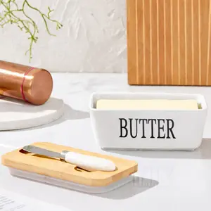 350Ml ceramic Kitchen butter box with bamboo lid and cutter, double silicone seal, white design, minimalist style butter box, excellent butter storage solution, Airtight Food Storage