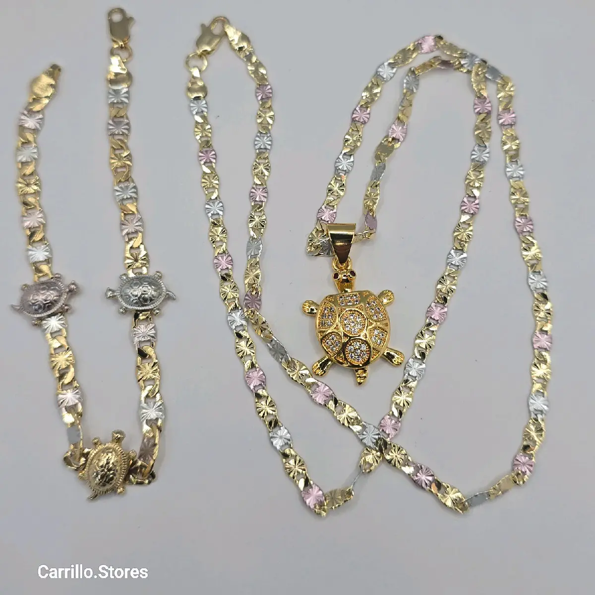 Turtles Fashion Set Necklace with Multi-Stones Pendant and Bracelet - Three Color Plated, 8 Inches